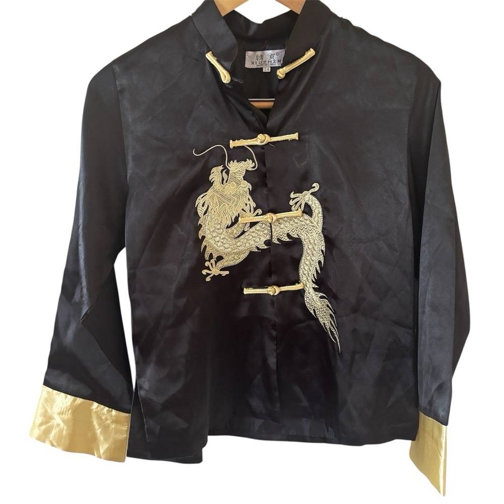 Vtg Chinese Gold Year of the Dragon Men Jacket Silk Size 14‎ Black Embroidered